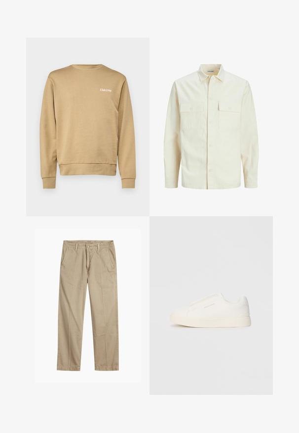 Kergedbež pika-särk pikkade varrukatega, krae ja kahe eespool asuva taskuga, nööpidega kinnitamine ja reljeefne materjal.; Bež kapuutsviit, millel on ribast krae ja varrukate otsad, esiküljel on vasakul rinnal peenelt valge "Club1990" tekst. Sile tekstuur.; Beeži sirged säärte chinos-püksid, millel on vööloopide, esipainutatud nupud ja tõmblukk ning kaldega esikotid.; Valged libisemiskindlad tossud tekstuuriga pinnaga, paksu tallaga ja minimalistikus disainis. Küljel on brändi logo.
