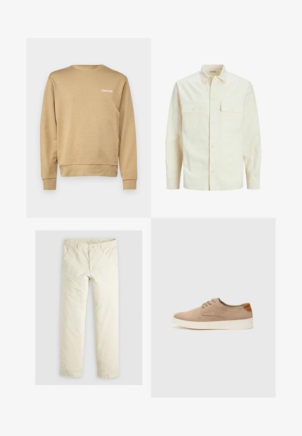 Lichtbeige langemouwen shirt met een kraaghalslijn, twee voorzakken, knoopsluiting en een gestructureerde stof.; Beige sweatshirt met geribde ronde hals en manchetten, met subtiele "Club1990" tekst in het wit op de linker borst. Soepele textuur.; Lichtbeige losse broek met drie zakken, riemlussen en een recht model. Gemaakt van een zachte katoenmix.; Beige suède sneakers met een ronde neus, vetersluiting aan de voorkant en een getextureerde achteraccent. De witte rubberen zool zorgt voor contrast. Eenvoudig en modern ontwerp.