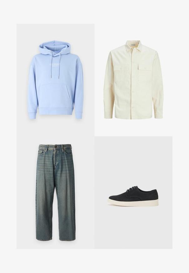 Hellbeige Langarmhemd mit klassischem Kragen, zwei Fronttaschen, Knopfverschluss und strukturiertem Stoff.; Helle blaue Hoodie aus weichem Baumwollmaterial, mit einer Fronttasche, verstellbarem Kapuzenzug und weißem Logodruck auf der Brust.; Helle blaue Denim-Jeans mit lockerer Passform, mittelhoher Taille und geraden Beinen. Hat fünf Taschen, Gürtelschlaufen und einen Knopfverschluss.; Schwarzes Wildleder-Schnürschuh mit runder Spitze, leichtem cremfarbenem Sohlen und dezenten blauen Stickakzenten auf dem Obermaterial.