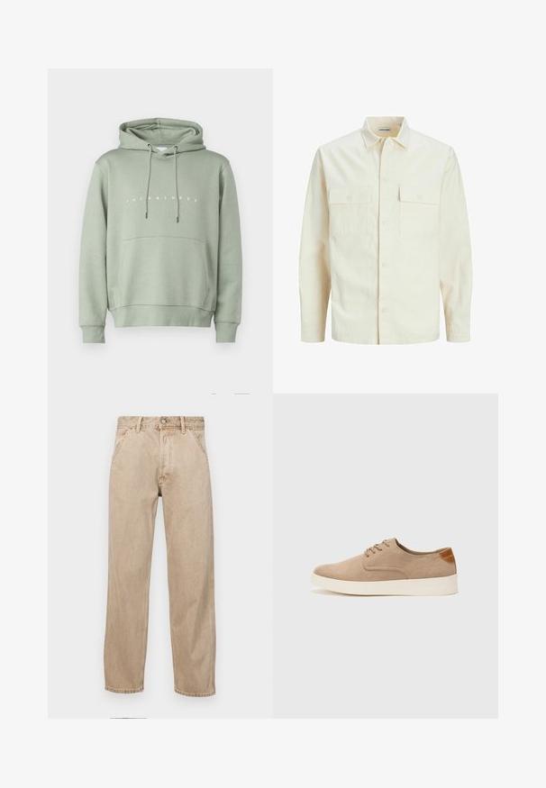 Svetlo béžová košeľa s dlhým rukávom, s golierom, dvoma prednými vreckami, zapínaním na gombíky a textúrovanou látkou.; Svetlozelená mikina s predným vreckom, nastaviteľnou kapucňou so šnúrkou a bielym logom "JACK & JONES" naprieč hrudníkom. Hladká textura.; Bežové denimové rifle so strihom rovného nohu, s prednými vreckami, kovovým zapínaním na gombík a jemnou textúrou.; Béžové semišové tenisky s okrúhlou špičkou, šnurovaním vpredu a textúrovaným zadným akcentom. Biela gumová podrážka poskytuje kontrast. Jednoduchý a moderný dizajn.