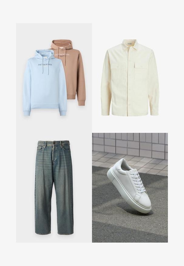 Camicia beige chiaro a maniche lunghe con colletto, due tasche frontali, chiusura a bottoni e un tessuto texturizzato.; Felpe con cappuccio in azzurro chiaro e beige, caratterizzate da una tasca a marsupio anteriore, cappuccio con coulisse e logo "JACK & JONES" sulla parte anteriore in colori a contrasto.; Jeans di denim azzurro chiaro con vestibilità ampia, vita media e gambe dritte. Presenta cinque tasche, passanti per cintura e chiusura con bottone.; Sneaker bianco in pelle con superficie liscia, punta rotonda e lacci piatti bianchi. Presenta una suola in gomma texturizzata e un design minimale.