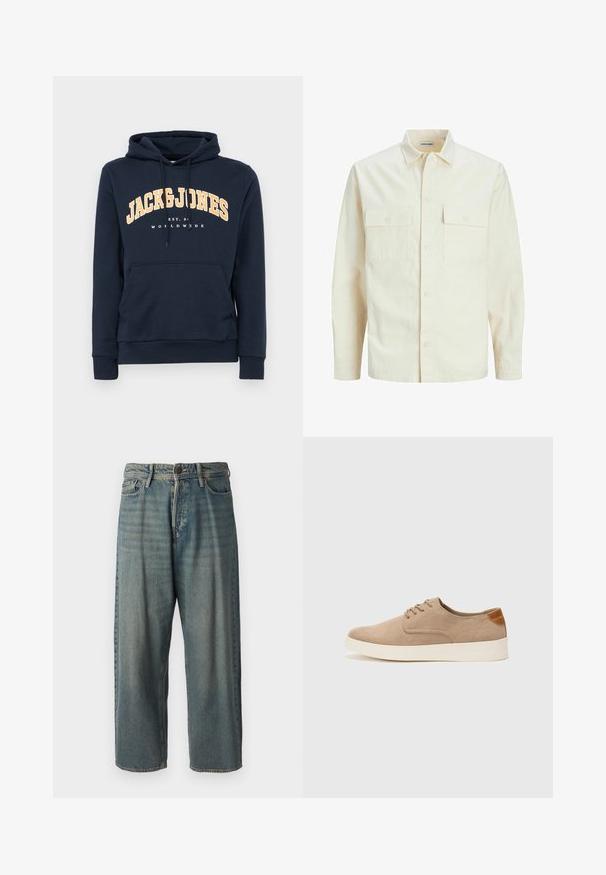 Svetlo bež srajca z dolgimi rokavi, ovratnim izrezom, dvema sprednjima žepoma, zapenjanjem na gumbe in teksturirano tkanino.; Temno modra kapuca s sprednjo žepno torbico, kapuco z vrvico in belim logotipom "JACK & JONES", ki se v rumeni barvi dviga čez prsni del.; Svetlomoderne kavbojke z ohlapnim krojem, srednjim pasom in ravnimi nogami. Imajo pet žepov, zanke za pas in zapiranje na gumb.; Bež tkanine usnjene superge z zaobljenim nosom, vezalkami na sprednji strani in teksturiranim zadnjim detajlom. Belo gumijasto podplato zagotavlja kontrast. Enostaven in sodoben dizajn.