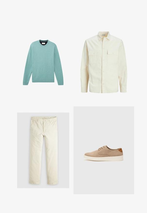 Lichtbeige langemouwen shirt met een kraaghalslijn, twee voorzakken, knoopsluiting en een gestructureerde stof.; Lichtblauwgroene trui gemaakt van zacht materiaal, met lange mouwen, een ronde hals, geribbelde manchetten en een vlakke oppervlakte met subtiele textuur.; Lichtbeige losse broek met drie zakken, riemlussen en een recht model. Gemaakt van een zachte katoenmix.; Beige suède sneakers met een ronde neus, vetersluiting aan de voorkant en een getextureerde achteraccent. De witte rubberen zool zorgt voor contrast. Eenvoudig en modern ontwerp.