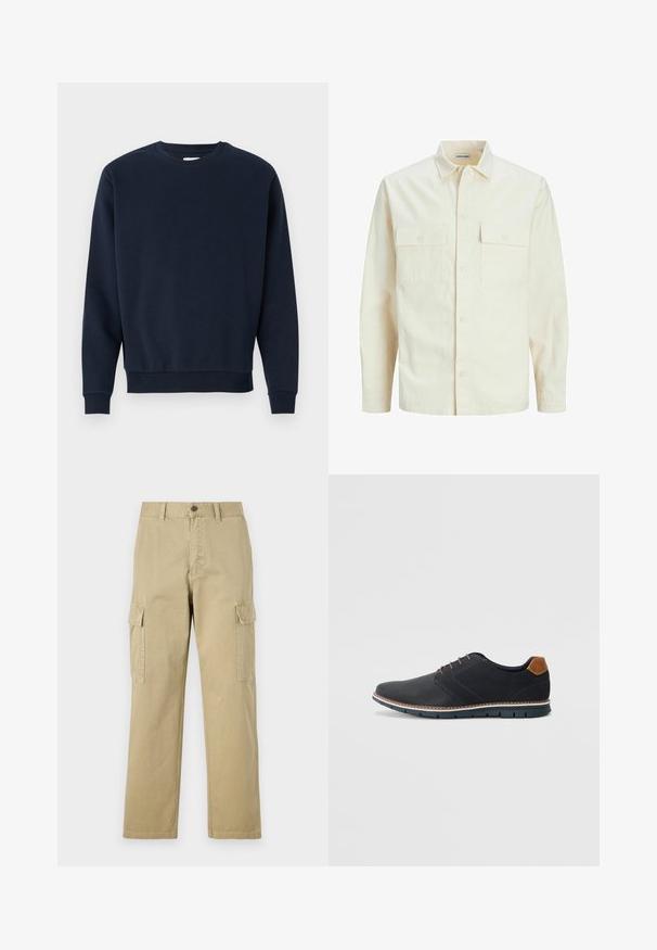 Šviesiai smėlio spalvos ilgomis rankovėmis marškiniai su apykakle, dviem priekinėmis kišenėmis, mygtukų uždarymu ir tekstūruota medžiaga.; Tamsiai mėlynas medvilninis megztinis su apvalia kaklo iškirpte, ilgomis rankovėmis ir raibaismanžetais bei apačia. Lygus paviršius, minimalus dizainas, be matomų logotipų.; Kreminės spalvos cargos kelnės, pagamintos iš medvilnės, su dviem šoninėmis kišenėmis, mygtukų užsegimu ir tiesiomis kojomis, šiek tiek tekstūruotu audiniu.; Juodi sintetiniai batai su tekstūruotu paviršiumi, lygiomis detalėmis, ruda kulna ir kontrastingu padu. Yra minimalus raištelių užsidėjimas ir siuvimo detalės.