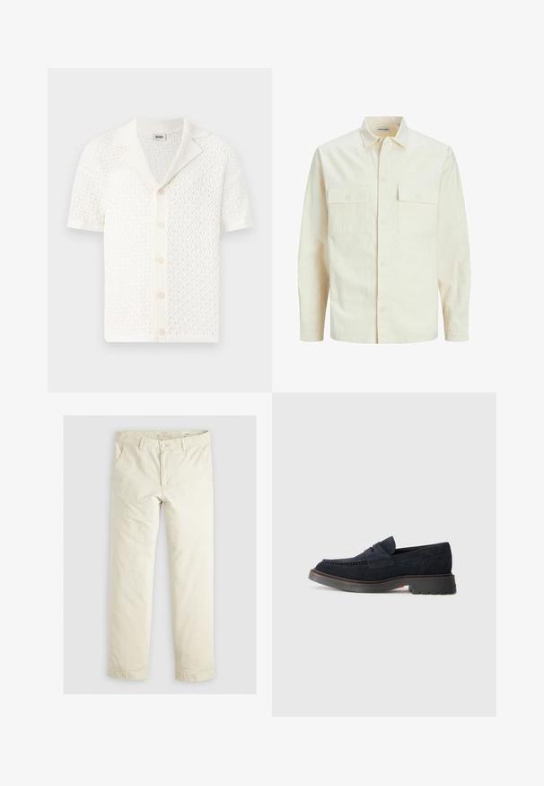 Svetlo bež srajca z dolgimi rokavi, ovratnim izrezom, dvema sprednjima žepoma, zapenjanjem na gumbe in teksturirano tkanino.; Kratke rukave, bela pletena jopica z teksturiranim, odprtim tkanjem in klasičnim ovratnikom. Ima šest gumbov na sprednji strani.; Svetlo bež hlače širokega kroja s tremi žepi, zankami za pas in ravnim krojem. Narejene so iz mešanice mehkega bombaža.; Mornarsko modri semiš loaferji z zaobljenim nosom, okrasnim šivanjem in gumijastim podplatom, ki ima rahlo dvigovanje. Trajni material in oblikovanje.