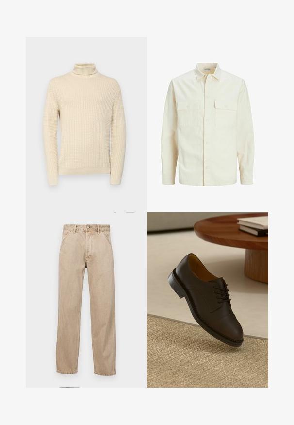 Világos bézs színű, hosszú ujjú ing, galléros nyakkal, két elülső zsebbel, gombos záródással és struktúrált anyaggal.; Krém színű, garbós pulóver, texturált kötésmintával, hosszú ujjak és bordázott mandzsetta, valamint alj jellemzi.; Beige színű farmernadrág egyenes fazonnal, elülső zsebekkel, fém gombos záródással és diszkrét textúrával.; Barna bőr öltönycipő, texturált felsőrésszel, fűzős kialakítással, kontrasztos varrással és tartós gumitalppal, egy szőtt szőnyeg felett lebeg.