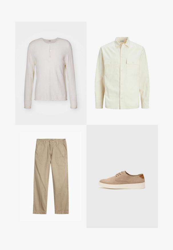 Camicia beige chiaro a maniche lunghe con colletto, due tasche frontali, chiusura a bottoni e un tessuto texturizzato.; Maglietta henley a maniche lunghe di colore crema, realizzata in tessuto morbido, con scollo rotondo, tre bottoni sul davanti e orlo dritto.; Chinos beige a gamba dritta con passanti per cintura, chiusura frontale a bottone e zip, e tasche laterali inclinati.; Sneaker in suede beige con punta arrotondata, stringhe davanti e un accento testurizzato sul retro. La suola in gomma bianca offre un contrasto. Design semplice e moderno.