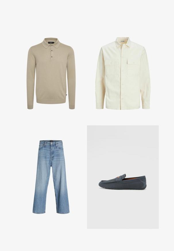 Svijetlo bež košulja dugih rukava s ovratnikom, dva prednja džepa, zatvaranje na dugmad i teksturirani materijal.; Polo majica dugih rukava od svjetlosmeđeg pletiva, s klasičnim ovratnikom, zapenjanjem na tri dugmeta i rebrastim manžetama.; Svijetloplave široke traperice izrađene od denima, s visokim strukom, klasičnim dizajnom s pet džepova i zatvaranjem na gumb s patentnim zatvaračem.; Sivi perforirani mokasini s dizajnom za jednostavno obuvanje, s narančastim akcentom, zaobljenim prstom i teksturiranim gumenim potplatom.