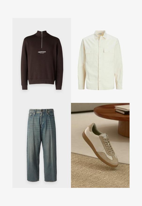 Camicia beige chiaro a maniche lunghe con colletto, due tasche frontali, chiusura a bottoni e un tessuto texturizzato.; Felpa marrone con colletto alto e chiusura a mezza zip. Presenta un logo bianco "originals Studio" sul petto; polsini e orlo a coste.; Jeans di denim azzurro chiaro con vestibilità ampia, vita media e gambe dritte. Presenta cinque tasche, passanti per cintura e chiusura con bottone.; Sneaker leggero con upper in pelle bianca e dettagli in suede beige, punta tonda e suola in gomma marrone testurizzata.