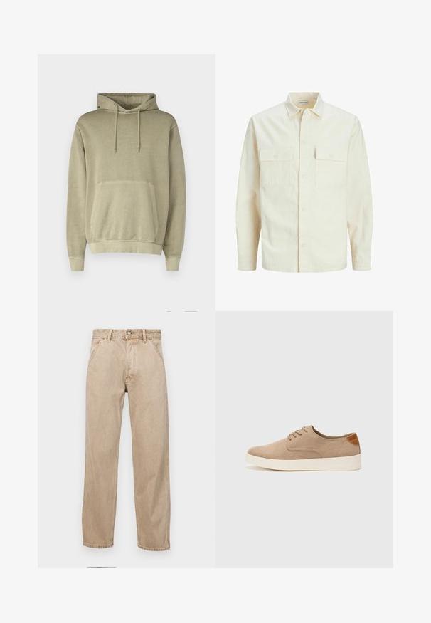 Világos bézs színű, hosszú ujjú ing, galléros nyakkal, két elülső zsebbel, gombos záródással és struktúrált anyaggal.; Khaki színű kapucnis pulóver behúzható kapucnival, kenguru zsebbel és bordás mandzsettákkal. Puha anyagból készült, sima tapintással.; Beige színű farmernadrág egyenes fazonnal, elülső zsebekkel, fém gombos záródással és diszkrét textúrával.; Beige velúr sportcipő, kerek orral, fűzős elülső résszel és textúrált hátsó részlettel. Fehér gumitalp kontrasztot ad. Egyszerű és modern design.