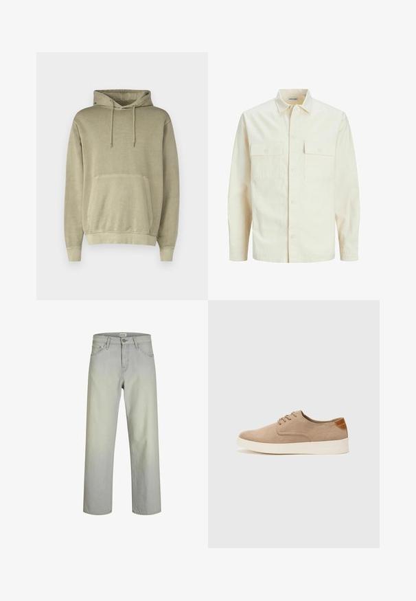 Chemise longue à manches longues beige clair avec un col, deux poches frontales, fermeture à boutons et un tissu texturé.; Sweat à capuche kaki avec cordon de serrage, poche kangourou et poignets côtelés. Fabriqué en tissu doux avec une texture lisse.; Jeans droits gris clair avec un design classique à cinq poches, fermeture à bouton et passants de ceinture. Fabriqués en tissu denim avec une texture lisse.; Baskets en daim beige avec un embout arrondi, un laçage sur le devant et un accent texturé à l'arrière. La semelle en caoutchouc blanche offre un contraste. Design simple et moderne.