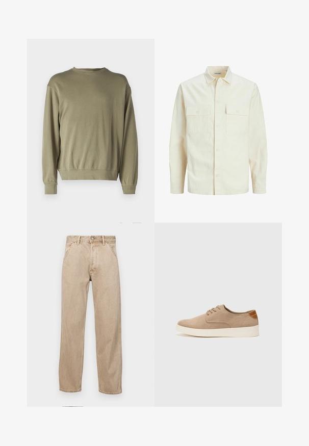 Cămașă lungă cu mâneci lungi de culoare bej deschis, cu guler, două buzunare frontale, închidere cu butoane și un material texturat.; Sweatshirt verde măsliniu, cu mâneci lungi, confecționat dintr-un amestec moale de bumbac. Are un decolteu rotund și manșete ribbate, cu o croială lejeră.; Jeans din denim bej cu un design drept, care prezintă buzunare frontale, închidere cu buton metalic și o textură subtilă.; Tenisi din suede bej cu vârf rotund, sistem de șireturi în față și un accent texturat în spate. Talpa albă din cauciuc oferă un contrast. Design simplu și modern.