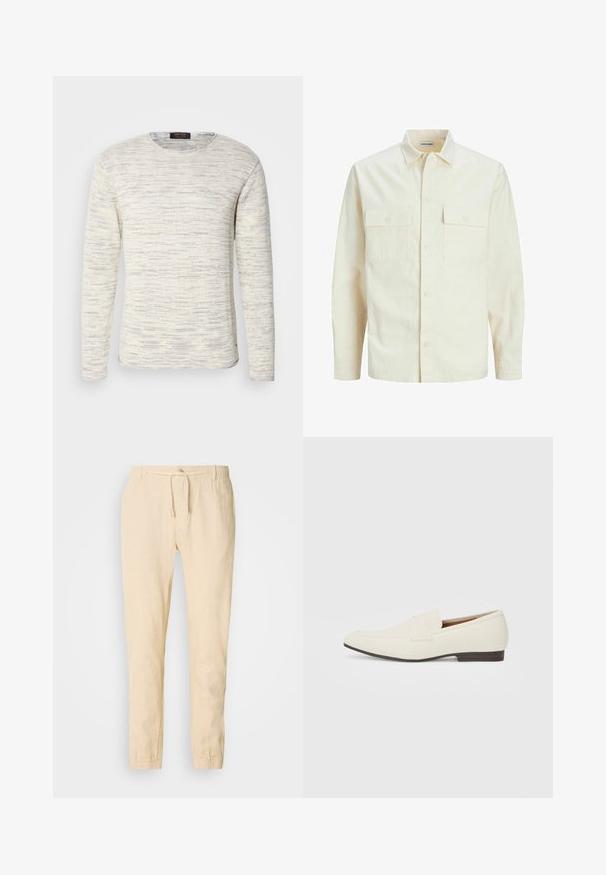 Chemise longue à manches longues beige clair avec un col, deux poches frontales, fermeture à boutons et un tissu texturé.; Pull à manches longues couleur crème avec des éclats de bleu clair, présentant un col rond et un motif de tricot texturé.; Pantalons en lin beige clair avec taille à cordon, jambes fuselées et poignets élastiques. Design simple avec une texture subtile.; Mocassins beige clair avec un bout pointu, en matériau lisse, une sangle sur le devant et une semelle basse marron. Design simple avec des accents minimalistes.