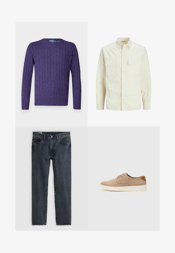 Svijetlo bež košulja dugih rukava s ovratnikom, dva prednja džepa, zatvaranje na dugmad i teksturirani materijal.; Polo Ralph Lauren CABLE LONG SLEEVE - Vesta - lavender latte; Tamno plave traperice s ravnim nogavicama, pet džepova i zatvaranjem na dugme. Tkanina pokazuje suptilno blijeđenje i teksturu.; Bež nubuk tenisice s okruglim vrhom, vezanjem sprijeda i teksturiranim stražnjim naglaskom. Bijela gumena potpetica pruža kontrast. Jednostavan i moderan dizajn.