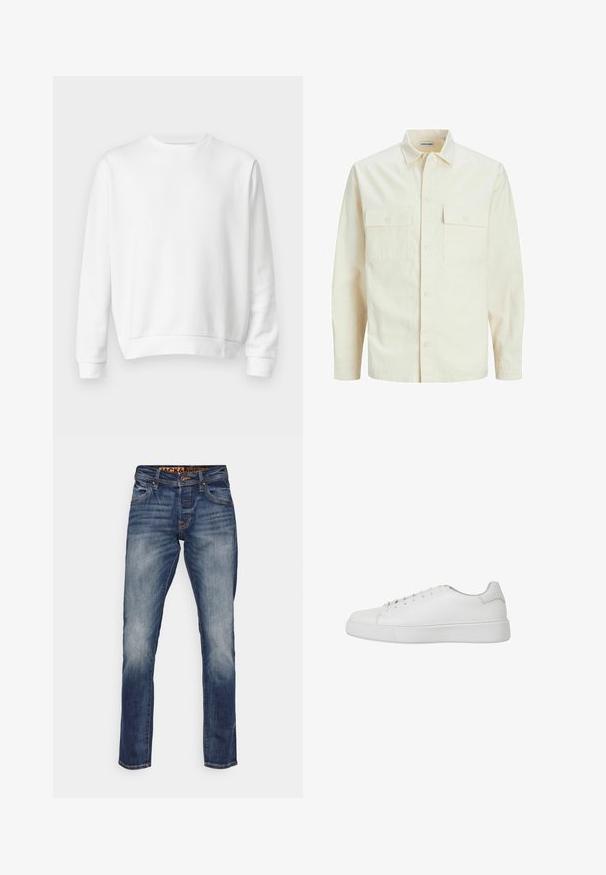 Lys beige langærmet skjorte med krave, to forlommer, knaplukning og et tekstureret stof.; Hvid crewneck sweatshirt lavet af blødt bomuldsstof. Lange ærmer, ribbede manchetter og kant, glat tekstur og minimalistisk design.; Blå denimjeans med lige pasform, let falmning, orange syninger og en mærket talje. Fem-pocket design.; Hvide sneakers lavet af glat læder med afrundet tå, syede detaljer og flad gummisål. Minimalistisk design med snørebånd.