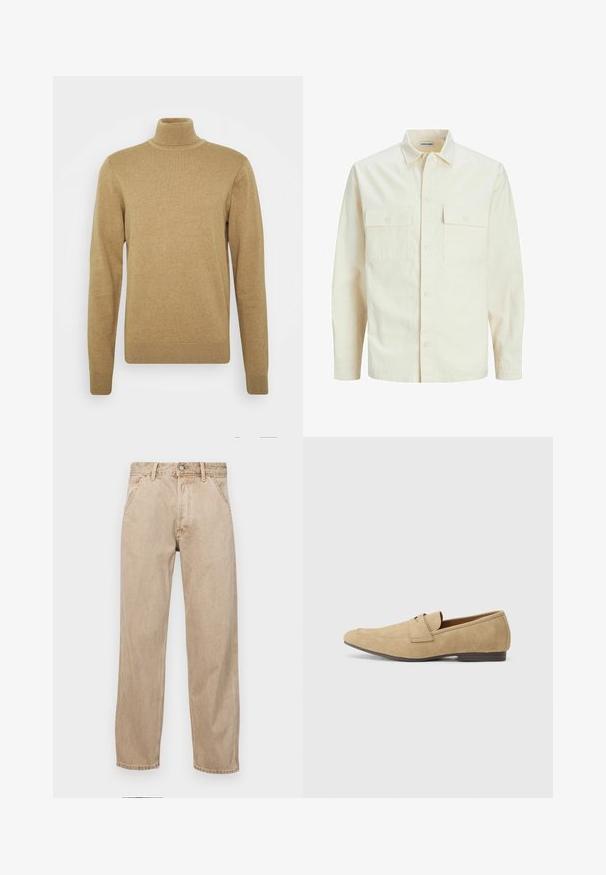 Svetlo béžová košeľa s dlhým rukávom, s golierom, dvoma prednými vreckami, zapínaním na gombíky a textúrovanou látkou.; Béžový rolák vyrobený z mäkkej pleteniny. Má dlhé rukávy a priliehavý strih. Hranatý lem a akcenty na golieri sú ribbované.; Bežové denimové rifle so strihom rovného nohu, s prednými vreckami, kovovým zapínaním na gombík a jemnou textúrou.; Bežové semišové mokasíny s jemným leskom, s okrúhlou špičkou, dizajnom na zloženie a nízkym hnedým podpätkom. Jemné detaily v šití.