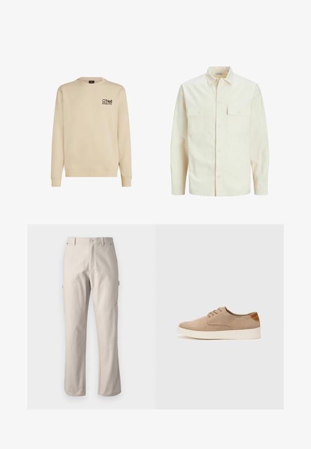 Lichtbeige langemouwen shirt met een kraaghalslijn, twee voorzakken, knoopsluiting en een gestructureerde stof.; Beige sweatshirt met ronde hals, gemaakt van een katoenmix, met een klein zwart logo op de borst. Ribgebreide manchetten en onderkant completeren het ontwerp.; Beige cargobroek van stevig katoen met rechte pijpen, voorknopsluiting en zijzakken voor gebruiksgemak. Gladde textuur met subtiele stiksels.; Beige suède sneakers met een ronde neus, vetersluiting aan de voorkant en een getextureerde achteraccent. De witte rubberen zool zorgt voor contrast. Eenvoudig en modern ontwerp.