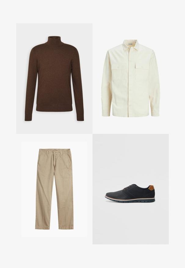 Camicia beige chiaro a maniche lunghe con colletto, due tasche frontali, chiusura a bottoni e un tessuto texturizzato.; Maglione a dolcevita marrone realizzato in materiale morbido, con maniche lunghe, un design aderente e dettagli a coste sul colletto e sull'orlo.; Chinos beige a gamba dritta con passanti per cintura, chiusura frontale a bottone e zip, e tasche laterali inclinati.; Scarpe sintetiche nere con tomaia testurizzata, dettagli lisci, tacco marrone e suola a contrasto. Presentano una lacerazione minimale e dettagli di cucitura.