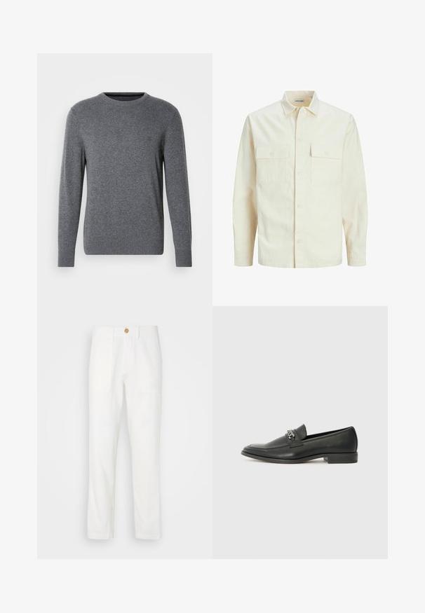 Hellbeige Langarmhemd mit klassischem Kragen, zwei Fronttaschen, Knopfverschluss und strukturiertem Stoff.; Grauer Strickpullover mit rundem Ausschnitt und langen Ärmeln. Besitzt gerippte Bündchen und Saum, eine glatte Textur und ein kleines Logo auf der Brust.; Weiße Stoffhosen mit geradem Schnitt, ausgestattet mit zwei vorderen Taschen und einem Knopfverschluss. Glatte Textur und sauberes Design.; Schwarzer Lederloafer mit glatter Oberfläche, ausgestattet mit einer gesteppten Gestaltung und einem dekorativen Metallkettendetail über dem Vorderblatt. Flacher Absatz.