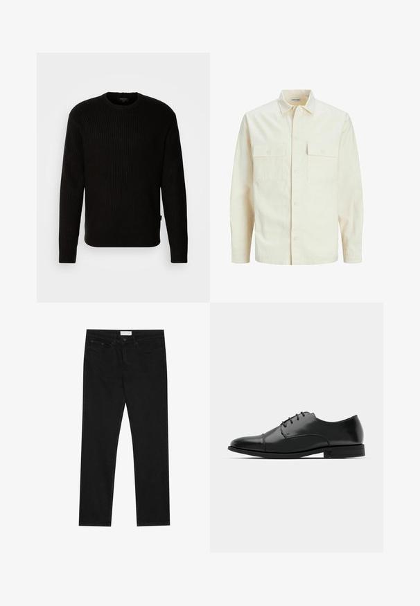 Svetlo bež srajca z dolgimi rokavi, ovratnim izrezom, dvema sprednjima žepoma, zapenjanjem na gumbe in teksturirano tkanino.; Črna rebrasta pulover s krožnim ovratnikom in dolgimi rokavi. Narejen iz teksturirane tkanine. Ima majhno oznako blagovne znamke na robu.; Črne ravne jeans hlače s petimi žepi, z gumbom in zadrgo za zapiranje ter oznako blagovne znamke Pier One na pasu.; Črne usnjene moške čevlje z zaobljenim nosom, s sistemom vezalk, diskretnimi šivi in nizkih petah. Gladka tekstura s sijočim zaključkom.