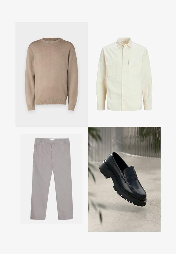 Svetlo béžová košeľa s dlhým rukávom, s golierom, dvoma prednými vreckami, zapínaním na gombíky a textúrovanou látkou.; Béžový pletený sveter s okrúhlym výstrihom, dlhými rukávmi a rebrovanými manžetami a lemom; hladká textúra s jednotným vzorom.; Svetlo šedé bavlnené nohavice s elastickým pásom, dvoma bočnými vreckami, rovnými nohavicami a hladkou textúrou. Jednoduché švy.; Čierne kožené loafery s robustnou podrážkou, s dekoratívnym pásikom a prešívaním. Hladký povrch s lesklým finišom.