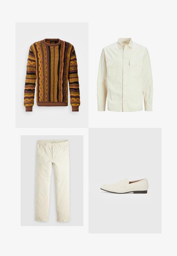 Gai bēšs garām piedurknēm krekls ar apkakles izgriezumu, divām priekšējām kabatām, pogu aizdari un teksturētu audumu.; Krustu džemperis brūnā, dzeltenā un melnā krāsā ar vertikāliem rakstiem. Iekļauj ribota tipa aproces un apkakli, kā arī teksturētu apdari visā virsmā.; Gaiši beigu brīvi pieguļoši bikses ar trim kabatām, jostu cilpām un taisnu kāju dizainu. Izgatavotas no mīksta kokvilnas auduma maisījuma.; Gai bēša kurpes ar smailu pirkstu, gludu materiālu, siksnu pāri pēdas daļai un zemu brūnu zoli. Vienkāršs dizains ar minimāliem akcentiem.