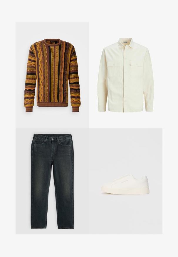 Jasno beżowa koszula z długim rękawem, z kołnierzykiem, dwoma kieszeniami z przodu, zapięciem na guziki i teksturowanym materiałem.; Sweter dzianinowy w kolorach brązowym, żółtym i czarnym z pionowymi wzorami. Posiada ściągacze przy mankietach i dekolcie oraz teksturowane detale w całej konstrukcji.; Czarnje dżinsy z prostym krojem nogawki, pięcioma kieszeniami i subtelnymi detalami w postaci wyblednięcia. Posiadają zapięcie na guzika i zamek.; Białe sneakersy wsuwane z teksturowanej powierzchni, grubą podeszwą i minimalistycznym designem. Zawierają logo marki z boku.
