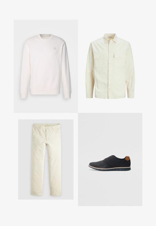 Světle béžová košile s dlouhým rukávem, límečkem, dvěma předními kapsami, zapínáním na knoflíky a strukturovanou tkaninou.; Bílá mikina vyrobená z měkké látky, s kulatým výstřihem, dlouhými rukávy, žebrovanými manžetami a malým čtvercovým logem na hrudi.; Svetlé béžové volné kalhoty s třemi kapsami, poutky na opasek a rovnými nohavicemi. Vyrobeno z měkké směsi bavlny.; Černé syntetické boty s texturovaným svrškem, hladkými detaily, hnědým podpatkem a kontrastní podrážkou. Obsahují minimální šněrování a švy.