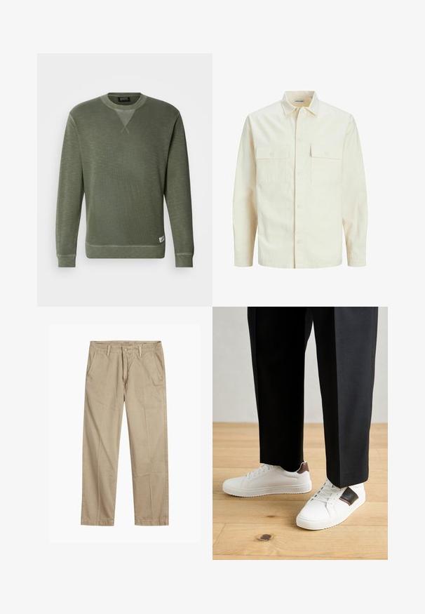 Lichtbeige langemouwen shirt met een kraaghalslijn, twee voorzakken, knoopsluiting en een gestructureerde stof.; Groene sweatshirt gemaakt van textuurstof, met een ronde halslijn, lange mouwen en een klein merklabel aan de onderkant links.; Beige rechte pijpen chinos met riemlussen, voorkant met knoop en rits sluiting, en schuine voorzakken.; Witte sneakers met een gladde textuur, voorzien van bruine lederen accenten en zwarte details, gecombineerd met zwarte maatpakken. Achtergrond van houten vloeren.