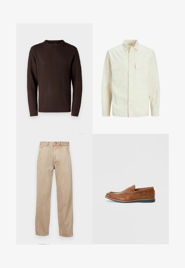 Cămașă lungă cu mâneci lungi de culoare bej deschis, cu guler, două buzunare frontale, închidere cu butoane și un material texturat.; Jack & Jones JJROY KNIT CREW NECK - Pulover - mulch; Jeans din denim bej cu un design drept, care prezintă buzunare frontale, închidere cu buton metalic și o textură subtilă.; Mocasini din piele maro cu vârf rotund, accente cusute și talpă joasă din cauciuc. Designul include o bandă pe partea superioară.