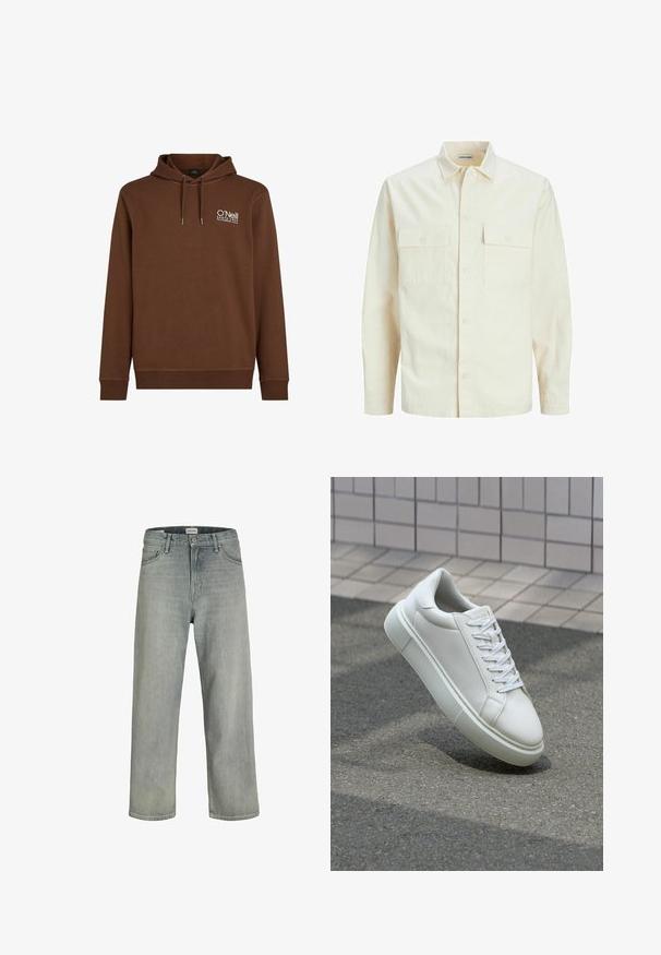 Camicia beige chiaro a maniche lunghe con colletto, due tasche frontali, chiusura a bottoni e un tessuto texturizzato.; Felpa marrone con cappuccio, caratterizzata da un logo bianco sulla parte superiore sinistra. Realizzata in tessuto morbido con polsini e orlo a coste.; Jeans grigi chiaro, con vestibilità comoda, realizzati in denim. Presentano un classico design a cinque tasche, passanti per cintura e una silhouette a gamba dritta.; Sneaker bianco in pelle con superficie liscia, punta rotonda e lacci piatti bianchi. Presenta una suola in gomma texturizzata e un design minimale.