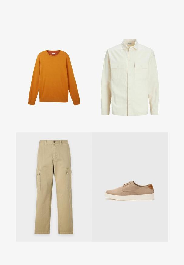 Světle béžová košile s dlouhým rukávem, límečkem, dvěma předními kapsami, zapínáním na knoflíky a strukturovanou tkaninou.; Oranžový svetr s dlouhým rukávem a kulatým výstřihem, vroubkované manžety a lem, měkká struktura a malá logo na hrudi. Lehce pletená tkanina.; Beige cargo kalhoty vyrobené z bavlny, s dvěma bočními kapsami, knoflíkovým zapínáním a rovnými nohavicemi z mírně texturované látky.; Béžové semišové tenisky s kulatou špičkou, šněrováním vpředu a texturovaným zadním akcentem. Bílá gumová podrážka poskytuje kontrast. Jednoduchý a moderní design.