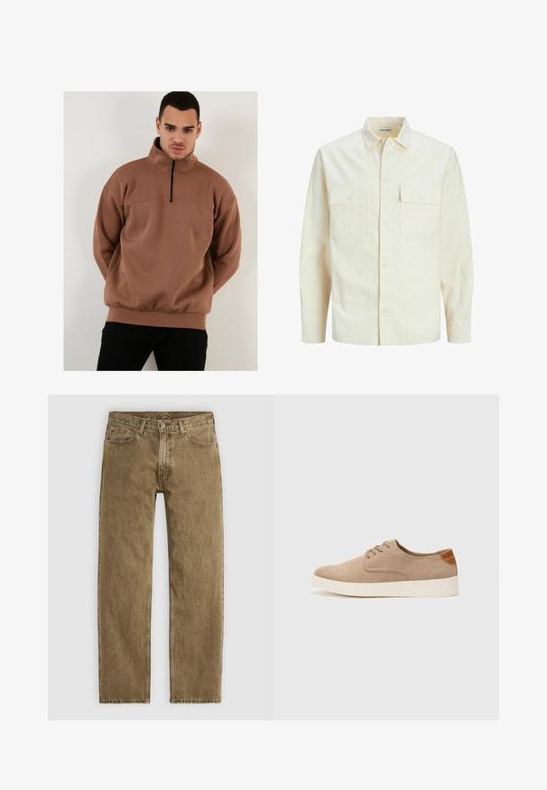 Světle béžová košile s dlouhým rukávem, límečkem, dvěma předními kapsami, zapínáním na knoflíky a strukturovanou tkaninou.; Hnědý pulovr na zip s vysokým límcem, vyrobený z měkkého materiálu, s volným střihem a žebrovanými manžetami a lemem.; Světlé hnědé džíny z denimu se střihem rovného nohavice, pěticí kapsami a kovovými prvky v měděném odstínu. Texturovaná látka s viditelnými švy.; Béžové semišové tenisky s kulatou špičkou, šněrováním vpředu a texturovaným zadním akcentem. Bílá gumová podrážka poskytuje kontrast. Jednoduchý a moderní design.