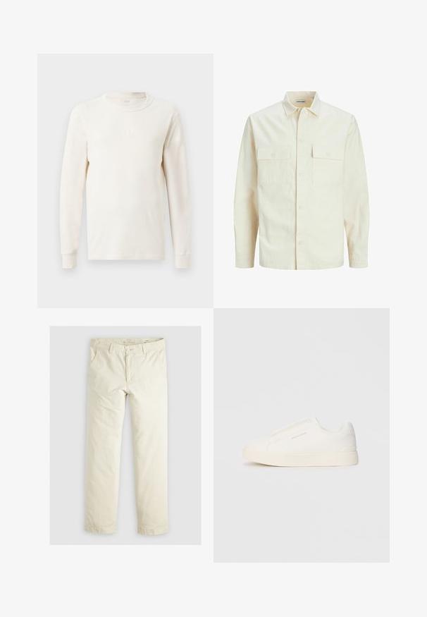 Világos bézs színű, hosszú ujjú ing, galléros nyakkal, két elülső zsebbel, gombos záródással és struktúrált anyaggal.; Hosszú ujjú, bordázott felső krémfehér színben, kerek nyakkivágással. Diszkrét "GAP" logo található a mellkasán. Puha tapintású és testhezálló fazon.; Világos bézs, laza szabású nadrág három zsebbel, övpántokkal és egyenes szárú kialakítással. Puha pamut keverék anyagból készült.; Fehér slip-on sportcipők texturált felülettel, vastag talppal és minimalista dizájnnal. Az oldalon a márka logója található.