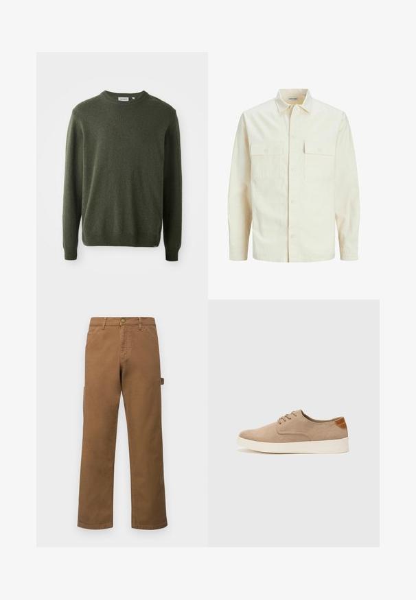 Šviesiai smėlio spalvos ilgomis rankovėmis marškiniai su apykakle, dviem priekinėmis kišenėmis, mygtukų uždarymu ir tekstūruota medžiaga.; Tamsiai žalias megztinis, apvaliu kaklu, ilgomis rankovėmis, išryškintomis manžetėmis ir apačia, minkšta tekstūra, paprastas dizainas, be matomų raštų ar puošmenų.; Rudos medvilniniai cargo džinsai tiesiomis kojomis, su šoninėmis kišenėmis ir metaliniu mygtuko uždarymu ties liemeniu. Lygi tekstūra ir kasdieniškas dizainas.; Bežiniai zomšiniai sportbačiai su apvaliomis pirštų dalimis, raišteliais priekyje ir tekstūruotu užkulniu. Balta guma suteikia kontrastą. Paprastas ir modernus dizainas.