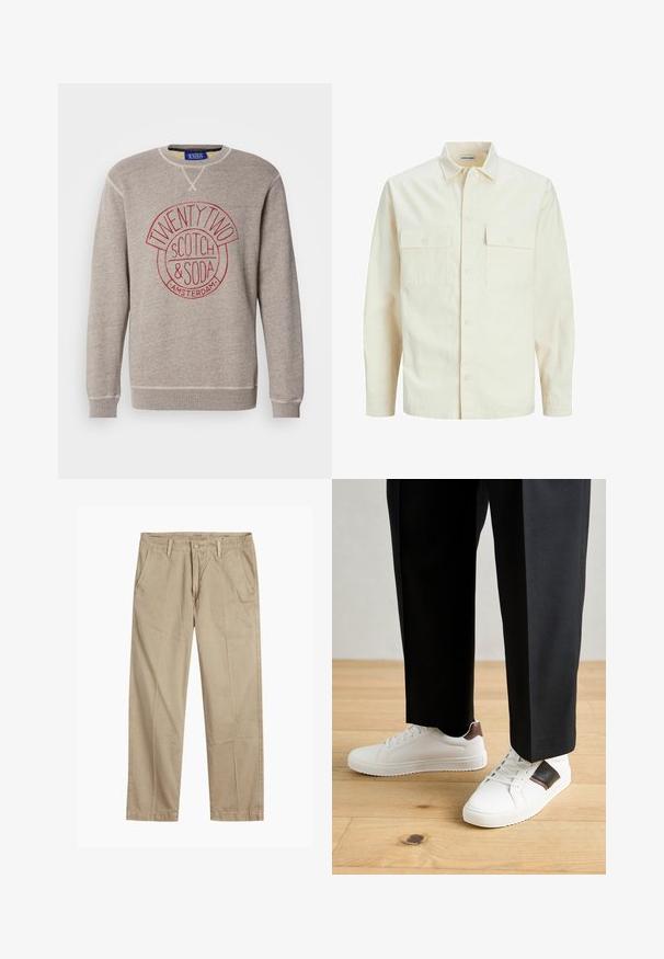 Kergedbež pika-särk pikkade varrukatega, krae ja kahe eespool asuva taskuga, nööpidega kinnitamine ja reljeefne materjal.; Helehall hallitusroheline dress, mis on valmistatud pehmest materjalist, millel on ümmargune punane logo tekstiga "TWENTY TWO SCOTCH & SODA AMSTERDAM." Ribatud varrukaotstes ja allääres.; Beeži sirged säärte chinos-püksid, millel on vööloopide, esipainutatud nupud ja tõmblukk ning kaldega esikotid.; Valged sneakersid siledat tekstuurist, millel on pruunad nahast detailid ja mustad aksessuaarid, millele on sobitatud mustad kohandatud püksid. Puitpõranda taust.