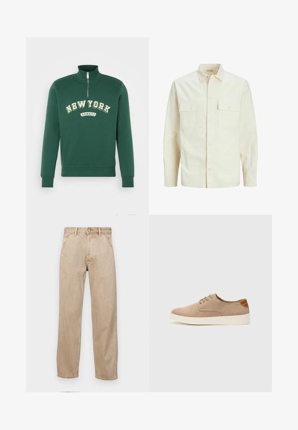 Világos bézs színű, hosszú ujjú ing, galléros nyakkal, két elülső zsebbel, gombos záródással és struktúrált anyaggal.; Zöld pulóver magas gallérral, félig cipzárral, ami krémszínű "NEW YORK" és "SCHOTT" felirattal díszített. Puha anyag, bordázott mandzsettákkal.; Beige színű farmernadrág egyenes fazonnal, elülső zsebekkel, fém gombos záródással és diszkrét textúrával.; Beige velúr sportcipő, kerek orral, fűzős elülső résszel és textúrált hátsó részlettel. Fehér gumitalp kontrasztot ad. Egyszerű és modern design.