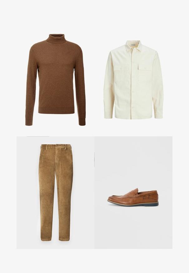 Cămașă lungă cu mâneci lungi de culoare bej deschis, cu guler, două buzunare frontale, închidere cu butoane și un material texturat.; Pulover cu guler înalt, de culoare maro, realizat dintr-un material moale, cu mâneci lungi, mansete cu un model texturat și un design ajustat, fără motive vizibile.; Pantaloni din cânepă brown cu textură ribbed vertical, croială dreaptă, închidere cu nasture și bucle pentru curea. Țesătură netedă cu un finisaj moale.; Mocasini din piele maro cu vârf rotund, accente cusute și talpă joasă din cauciuc. Designul include o bandă pe partea superioară.