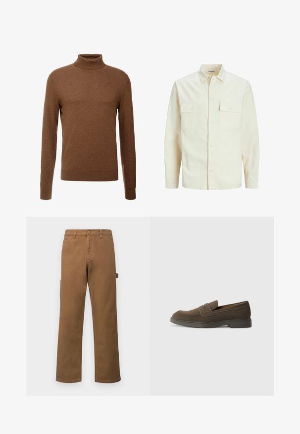 Šviesiai smėlio spalvos ilgomis rankovėmis marškiniai su apykakle, dviem priekinėmis kišenėmis, mygtukų uždarymu ir tekstūruota medžiaga.; Rudas golfas, pagamintas iš minkštos medžiagos, su ilgomis rankovėmis, briaunotais riešais ir prigludusia forma, be matomų raštų.; Rudos medvilniniai cargo džinsai tiesiomis kojomis, su šoninėmis kišenėmis ir metaliniu mygtuko uždarymu ties liemeniu. Lygi tekstūra ir kasdieniškas dizainas.; Rudos suede loaferiai su apvaliu nosiu, juostele per vampą ir plokščiu guminio pado. Paprastas dizainas su švariomis linijomis ir minimaliu detalizavimu.