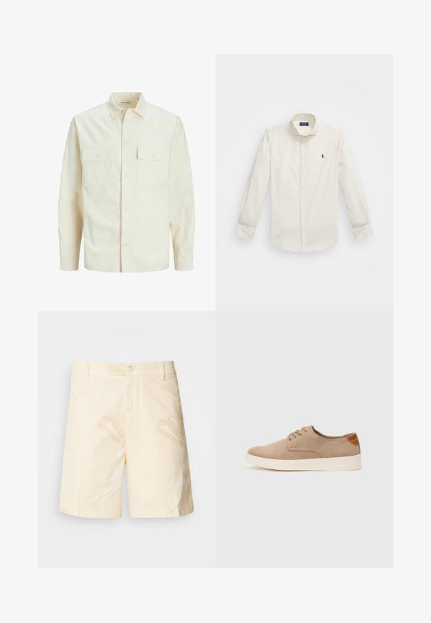 Světle béžová košile s dlouhým rukávem, límečkem, dvěma předními kapsami, zapínáním na knoflíky a strukturovanou tkaninou.; Bílá košile s dlouhým rukávem z bavlny, s klopou na knoflíky, jedním kapsou na hrudi a malým námořnickým logem na levé straně.; Bavlněné šortky ve světle žluté barvě s květinovým vzorem. Mají zapínání na knoflík, přední kapsy a rovný střih s lemovanými okraji.; Béžové semišové tenisky s kulatou špičkou, šněrováním vpředu a texturovaným zadním akcentem. Bílá gumová podrážka poskytuje kontrast. Jednoduchý a moderní design.