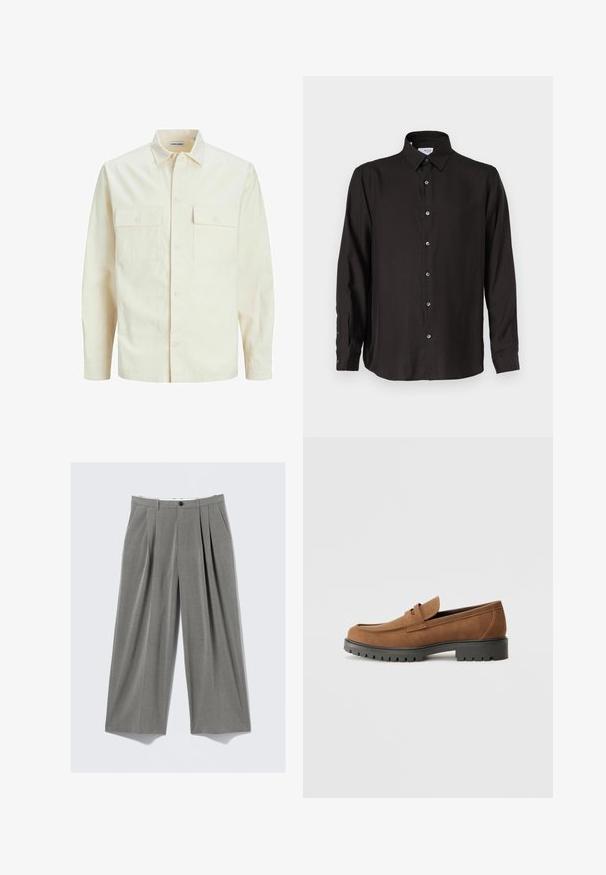 Cămașă lungă cu mâneci lungi de culoare bej deschis, cu guler, două buzunare frontale, închidere cu butoane și un material texturat.; Cămașă neagră cu mânecă lungă, confecționată dintr-un material neted, având un guler ascuțit, deschidere cu nasturi și tiv rotunjit, cu nasturi contrastanți.; Pantaloni de rochie cu dungi gri, cu picioare late, plii frontale, oglinzi pentru curea, buzunare laterale și închidere cu nasture negru.; Loaferi din suede maro cu vârful rotund și o talpă joasă din cauciuc negru, având o curea decorativă și detalii cusute pe partea superioară.