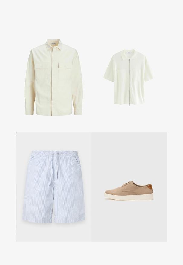 Jasno beżowa koszula z długim rękawem, z kołnierzykiem, dwoma kieszeniami z przodu, zapięciem na guziki i teksturowanym materiałem.; Krótki rękaw, biała koszula na zamek, wykonana z teksturowanej tkaniny, z wykończeniem kołnierzyka i dwiema przednimi kieszeniami z kwadratowymi klapami.; Niebieskie i białe kąpielówki w paski, wykonane z lekkiego materiału, wyposażone w elastyczny pas ze sznurkiem oraz boczne kieszenie.; Beżowe zamszowe sneakersy z okrągłym noskiem, sznurowanym przodem i teksturowanym akcentem na tyle. Biała gumowa podeszwa tworzy kontrast. Prosty i nowoczesny design.