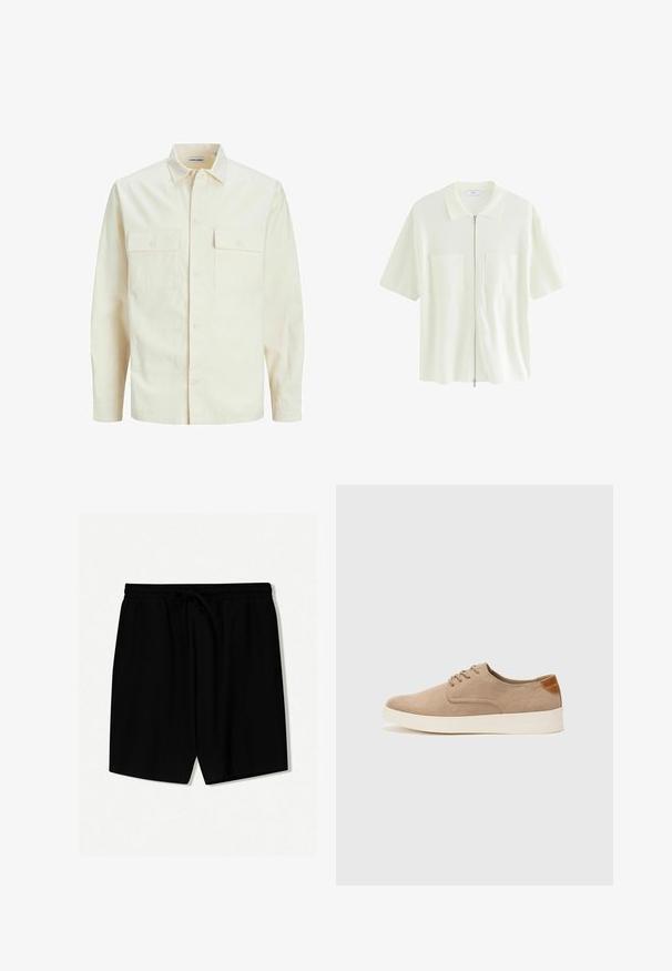 Světle béžová košile s dlouhým rukávem, límečkem, dvěma předními kapsami, zapínáním na knoflíky a strukturovanou tkaninou.; Krátký rukáv, bílá zipová košile z texturované látky, s límečkem a dvěma předními kapsami se čtvercovými klapkami.; Černé šortky vyrobené z lehkého materiálu s elastickým pasem a tkaničkou, s předními záhyby a délkou nad kolena.; Béžové semišové tenisky s kulatou špičkou, šněrováním vpředu a texturovaným zadním akcentem. Bílá gumová podrážka poskytuje kontrast. Jednoduchý a moderní design.