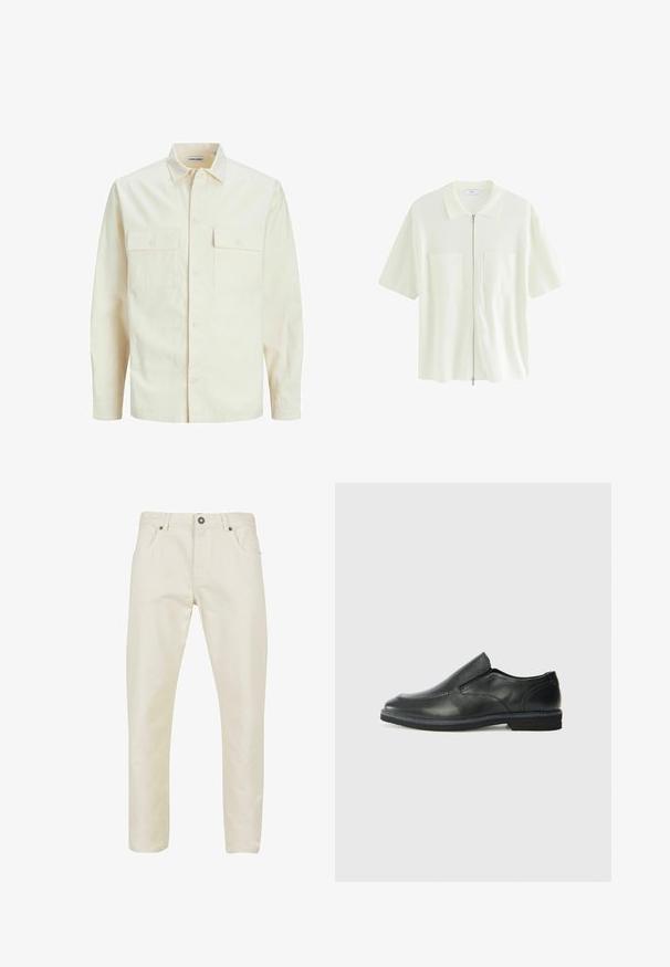 Camisa de manga larga color beige claro con cuello, dos bolsillos frontales, cierre de botones y una tela texturizada.; Camisa blanca de manga corta y cremallera, hecha de tela texturizada, con un cuello tipo polo y dos bolsillos frontales con solapas cuadradas.; Pantalones de algodón beige con una textura suave, corte recto, diseño de cinco bolsillos y cierre de botón metálico en la cintura.; Zapato negro de cuero sin cordones con un upper suave, detalles de costura, punta redonda y un bajo tacón de goma. La suela presenta una tracción mínima.