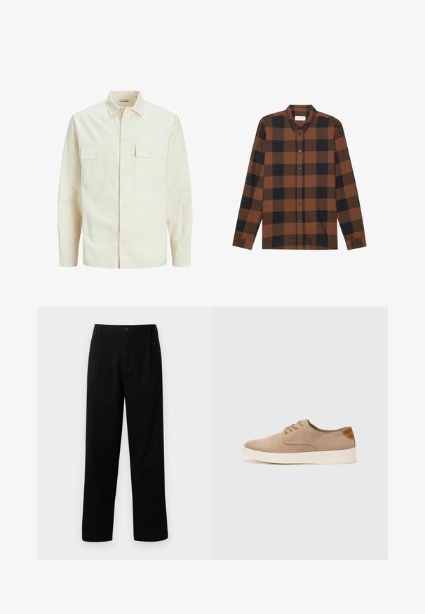 Svetlo béžová košeľa s dlhým rukávom, s golierom, dvoma prednými vreckami, zapínaním na gombíky a textúrovanou látkou.; Hnedá a čierna kockovaná košeľa s dlhým rukávom, vyrobená z látky, s golierom na gombíky a gombíkovou légou; má manžety na rukávoch.; Čierne látkové nohavice so rovný strihom, prednými záhybmi a jedným gombíkom na zapínanie. Hladká textúra a bez viditeľných vzorov.; Béžové semišové tenisky s okrúhlou špičkou, šnurovaním vpredu a textúrovaným zadným akcentom. Biela gumová podrážka poskytuje kontrast. Jednoduchý a moderný dizajn.