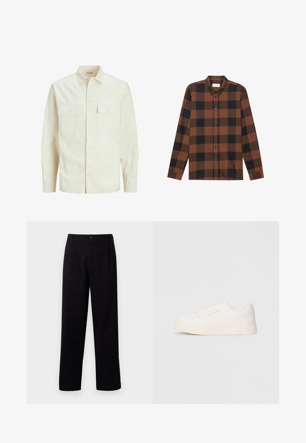 Chemise longue à manches longues beige clair avec un col, deux poches frontales, fermeture à boutons et un tissu texturé.; Chemise à manches longues à carreaux marron et noir en tissu, avec un col à rabat et une patte de boutonnage ; présente des manches à poignets.; Pantalons en tissu noir avec une coupe droite, des plis avant et une fermeture à un bouton. Texture lisse et sans motifs visibles.; Baskets blanches sans lacets avec une surface texturée, une semelle épaisse et un design minimaliste. Présente le logo de la marque sur le côté.