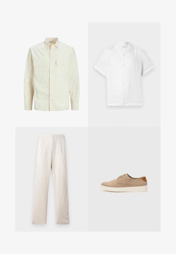 Svetlo bež srajca z dolgimi rokavi, ovratnim izrezom, dvema sprednjima žepoma, zapenjanjem na gumbe in teksturirano tkanino.; Bela kratka srajca iz lana s ovratnikom in petimi svetlimi gumbi spredaj; gladka tekstura in sproščen kroj.; Svetlo bež široke hlače iz teksturiranega materiala, ki imajo elastični pas in dva sprednja pregiba za dodatne detajle.; Bež tkanine usnjene superge z zaobljenim nosom, vezalkami na sprednji strani in teksturiranim zadnjim detajlom. Belo gumijasto podplato zagotavlja kontrast. Enostaven in sodoben dizajn.