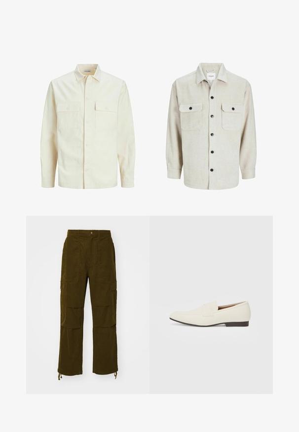 Svetlo béžová košeľa s dlhým rukávom, s golierom, dvoma prednými vreckami, zapínaním na gombíky a textúrovanou látkou.; Bežová flanelová košeľa s golierom, obsahujúca dve náprsné vrecká, čierne gombíky a dlhé rukávy s gombíkovými manžetami.; Zelené kordúrové cargo nohavice s rovnými nohavicami, viacerými prednými vreckami a nastaviteľnými šnúrkami na leme pre personalizáciu.; Svetlé béžové mokasíny s špicatou špičkou, hladkým materiálom, pásikom cez vamp a nízkou hnedou podrážkou. Jednoduchý dizajn s minimálnymi akcentmi.