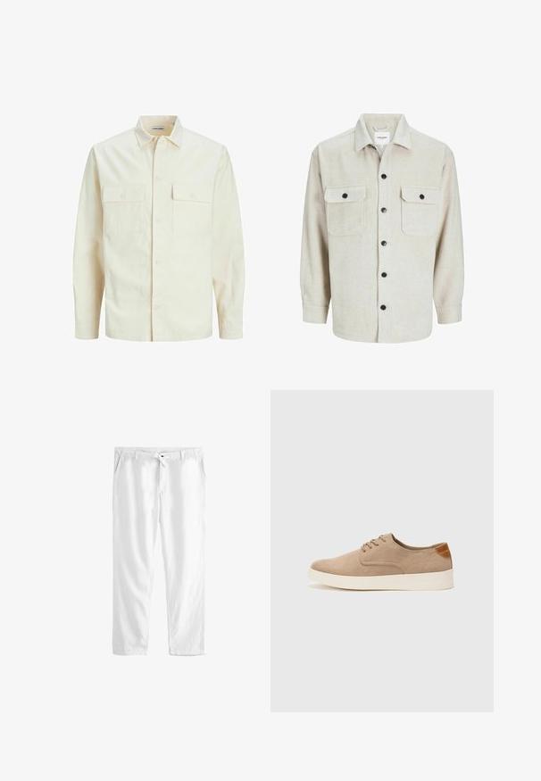 Jasno beżowa koszula z długim rękawem, z kołnierzykiem, dwoma kieszeniami z przodu, zapięciem na guziki i teksturowanym materiałem.; Beżowa flanelowa koszula z kołnierzykiem, z dwoma kieszeniami na piersiach, czarnymi guzikami i długimi rękawami z mankietami na guziki.; Białe lniane spodnie z elastycznym pasem, dwiema bocznymi kieszeniami i luźnym krojem. Gładka tekstura i prosta nogawka.; Beżowe zamszowe sneakersy z okrągłym noskiem, sznurowanym przodem i teksturowanym akcentem na tyle. Biała gumowa podeszwa tworzy kontrast. Prosty i nowoczesny design.