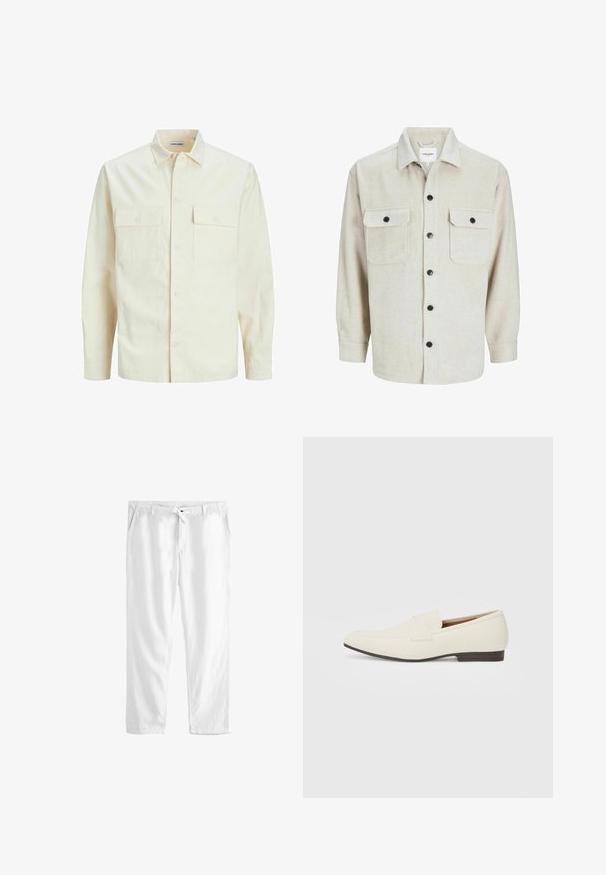 Lys beige langærmet skjorte med krave, to forlommer, knaplukning og et tekstureret stof.; Beige flannel skjorte med krave, der har to brystlommer, sorte knapper og lange ærmer med knapmanchetter.; Hvide linnedbukser med snoretræk i livet, to sidelommer og en løs pasform. Glat tekstur og lige bendesign.; Lys beige loafers med spids tå, glat materiale, en rem over vampen og en lav brun sål. Simpelt design med minimale detaljer.